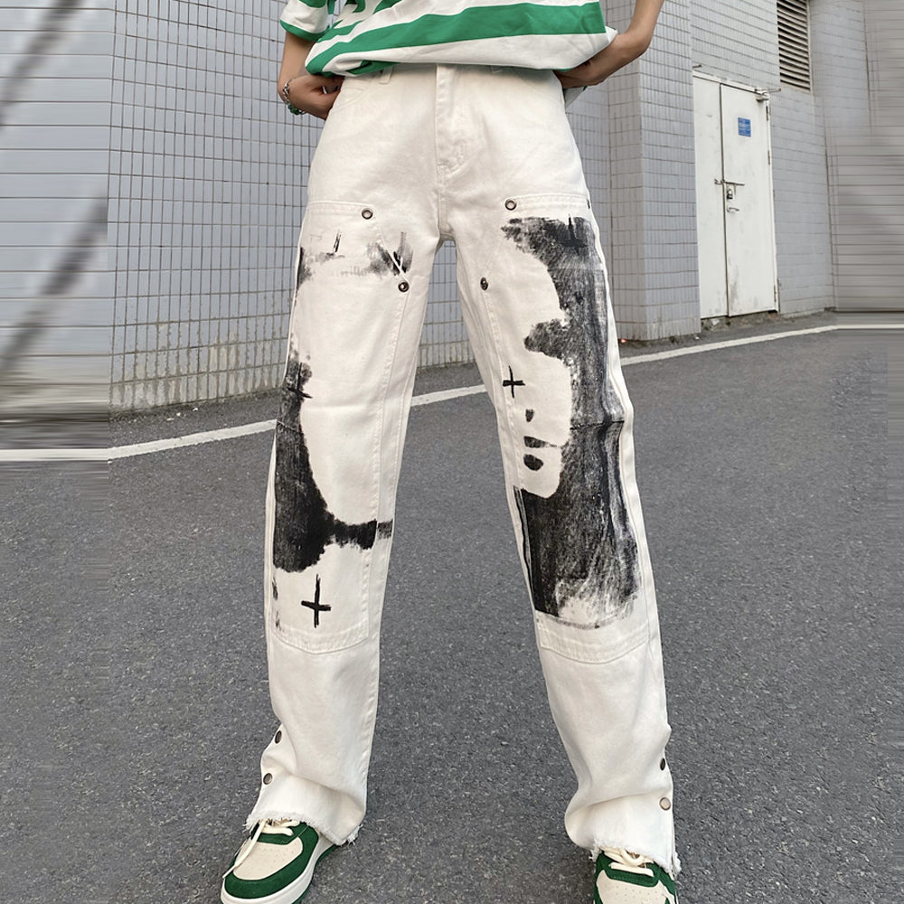 White Graphic Print Straight-Leg Denim Pants