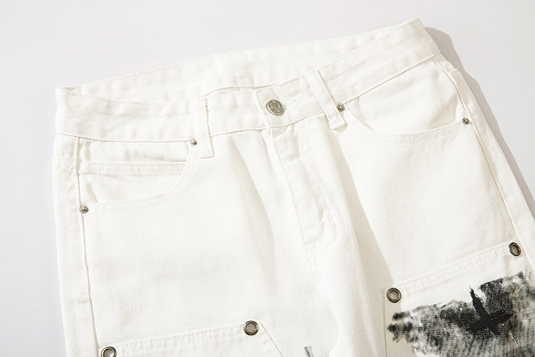 White Graphic Print Straight-Leg Denim Pants