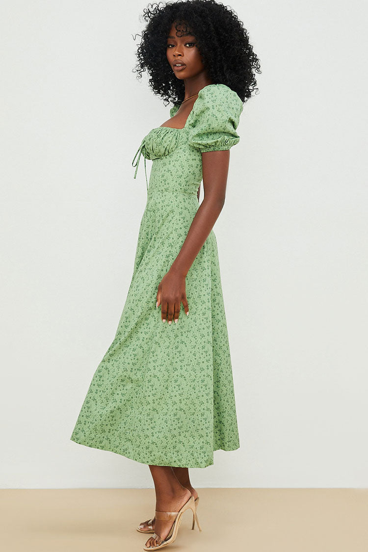 Puff Sleeve Ditsy Floral Tie Front High Slit Midi Dress - Green