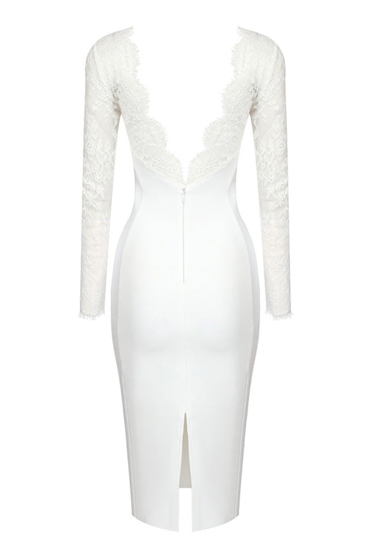 Romantic Eyelash Boat Neck Sheer Lace Bandage Backless Cocktail Midi Dress