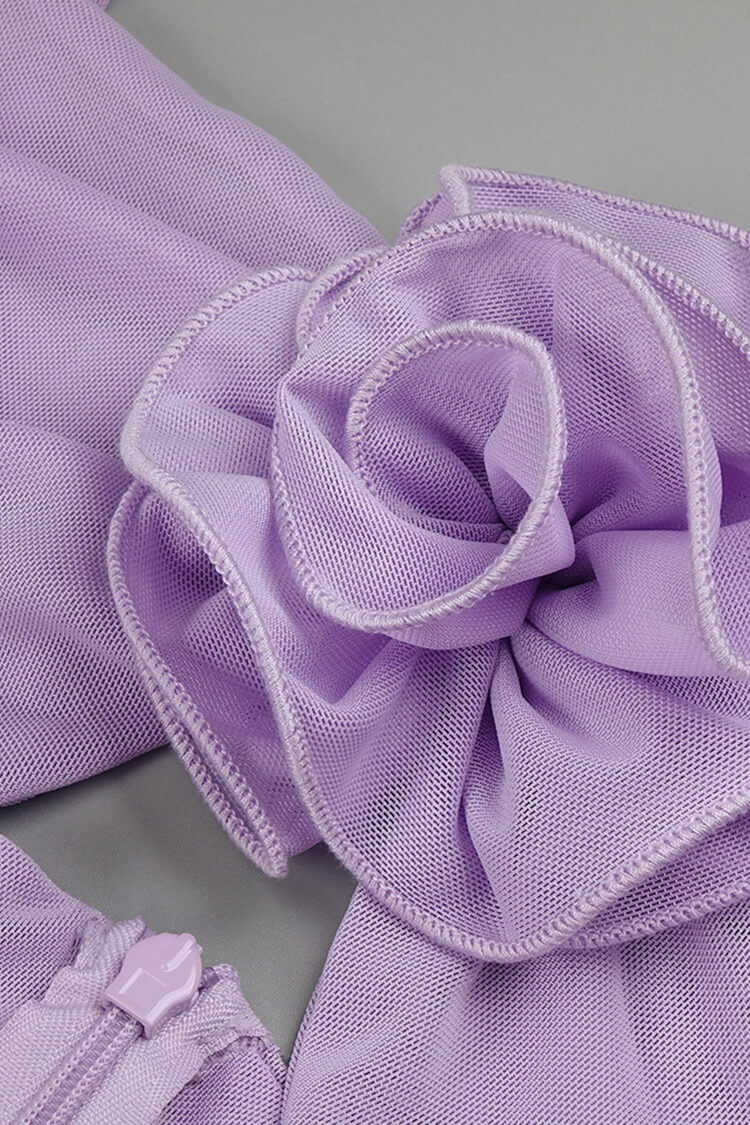 Romantic Rosette Sheer Sleeve Mesh Bodycon Ruched Cocktail Midi Dress