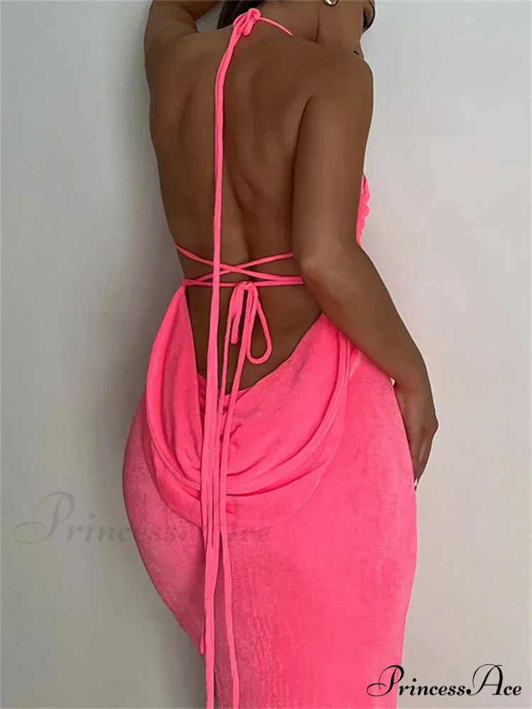 Sleeveless Backless Drawstring Hollow Out Sexy Split    Summer Women Party Y2K Beach Vestidos