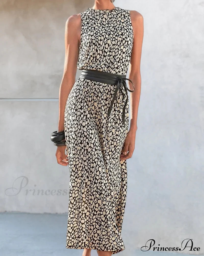 Sleeveless Fashion Print Dress with Belt