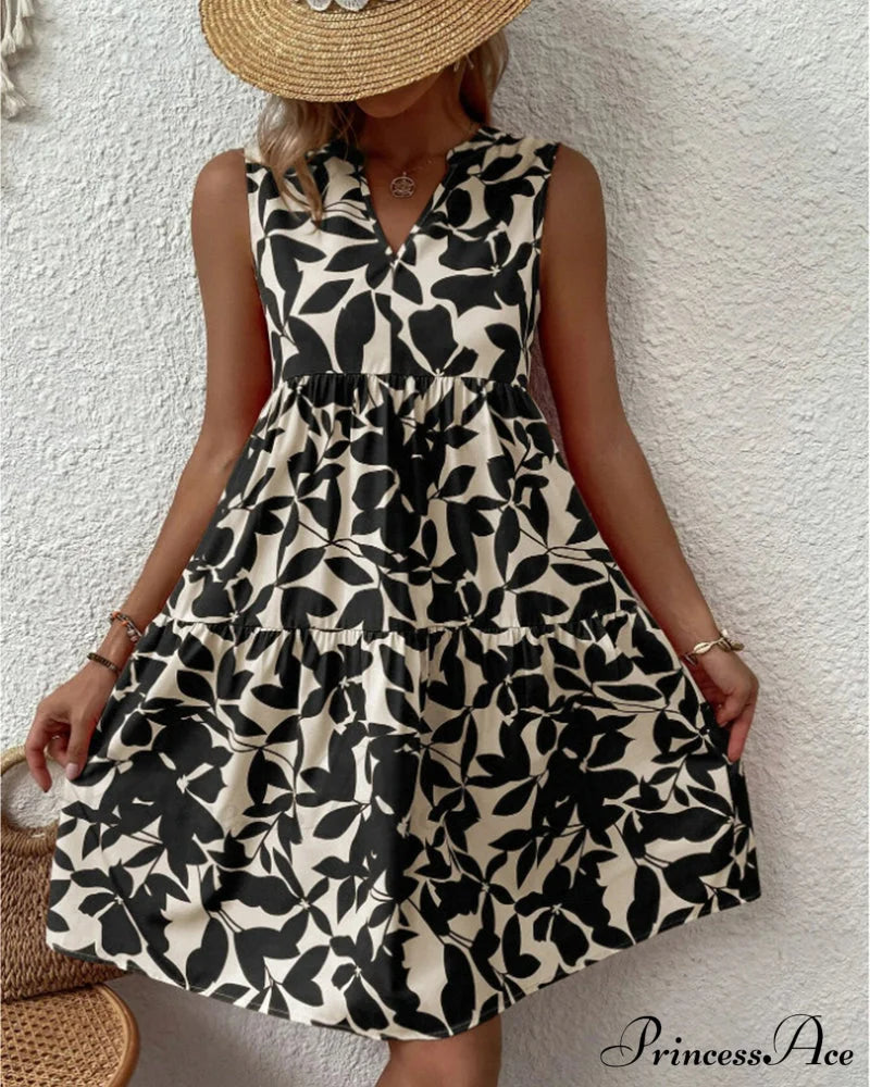 Sleeveless Dress with Leaves Print