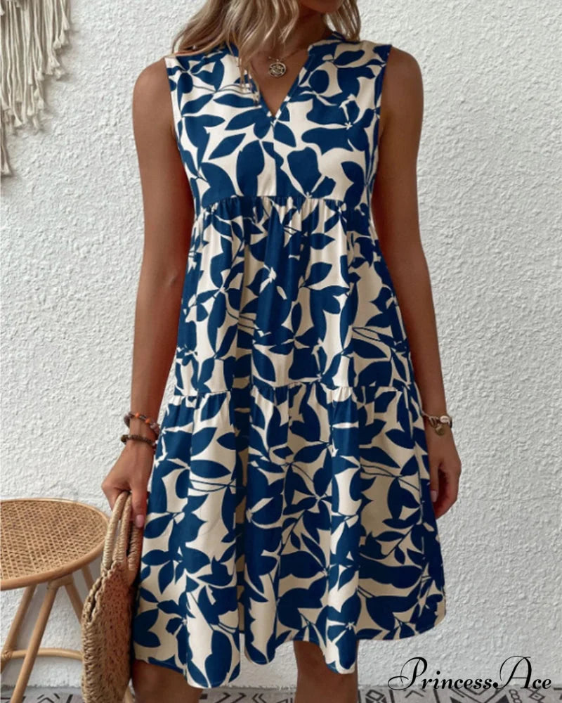 Sleeveless Dress with Leaves Print
