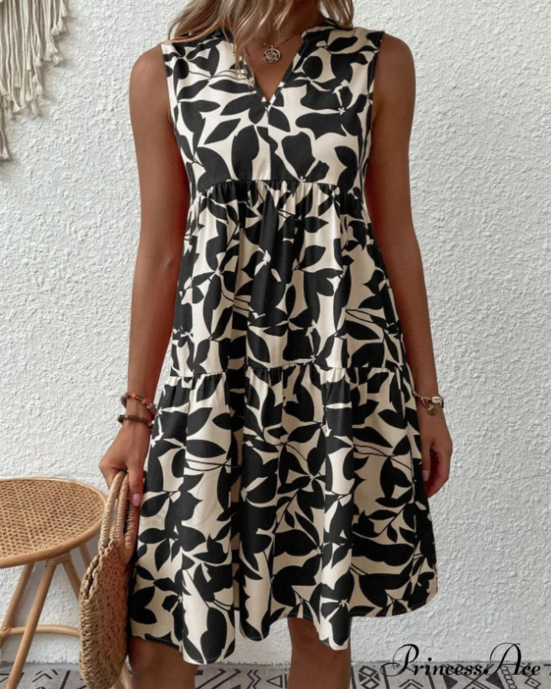 Sleeveless Dress with Leaves Print