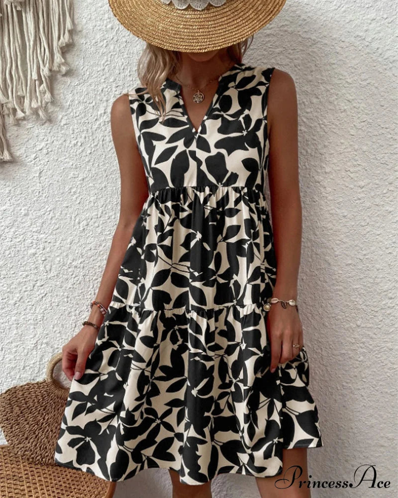 Sleeveless Dress with Leaves Print
