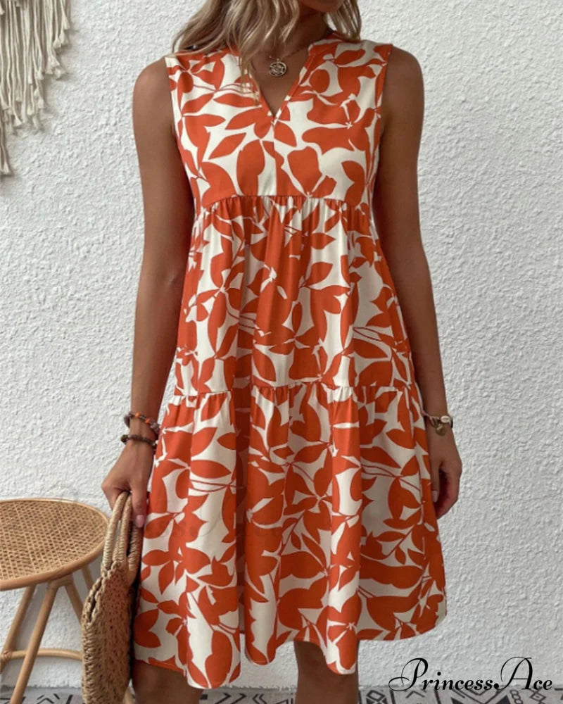 Sleeveless Dress with Leaves Print