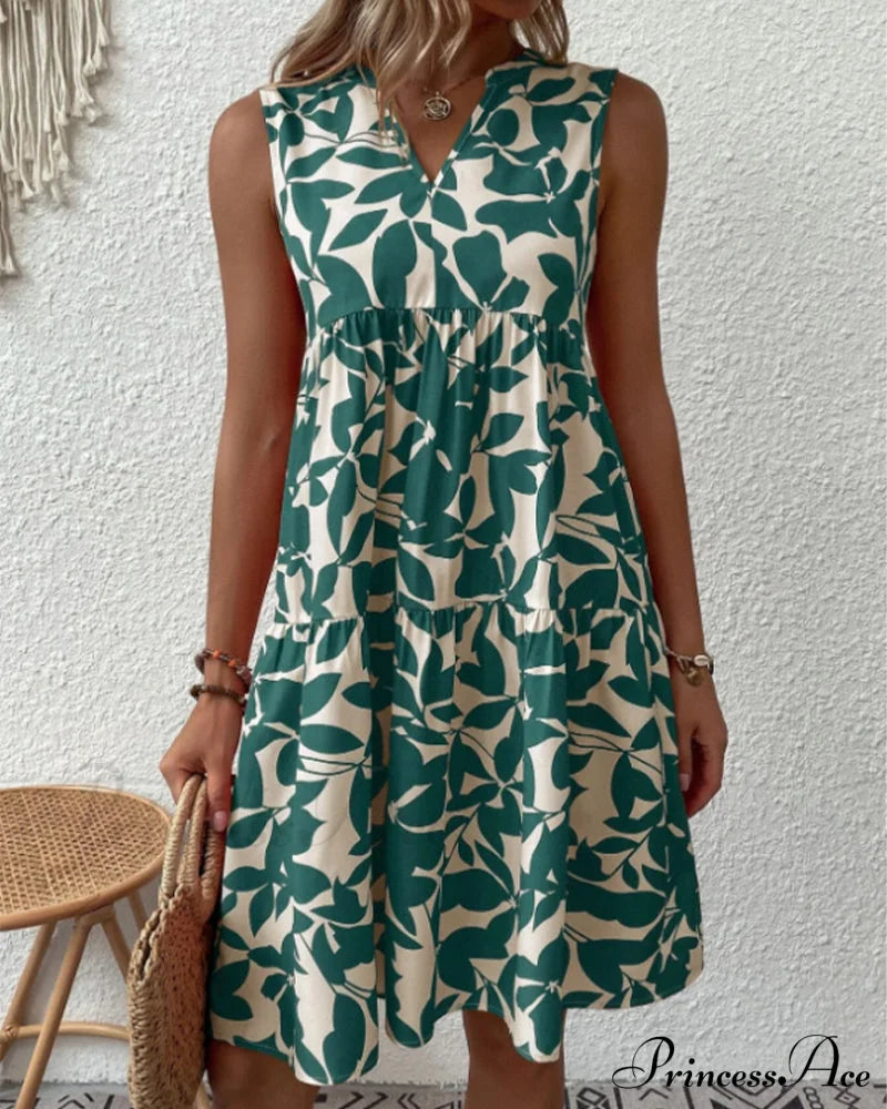 Sleeveless Dress with Leaves Print
