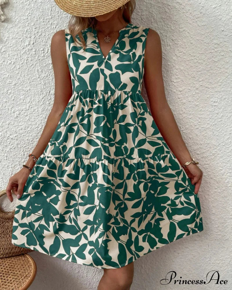 Sleeveless Dress with Leaves Print