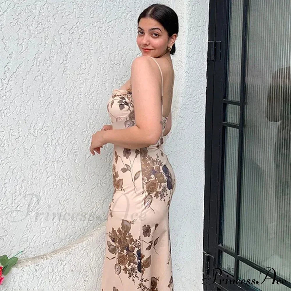 Sleeveless Floral Print Backless Slim Strap Fashion Elegant Party Long Bodycon Dress