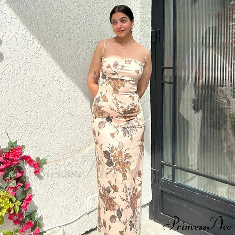 Sleeveless Floral Print Backless Slim Strap Fashion Elegant Party Long Bodycon Dress