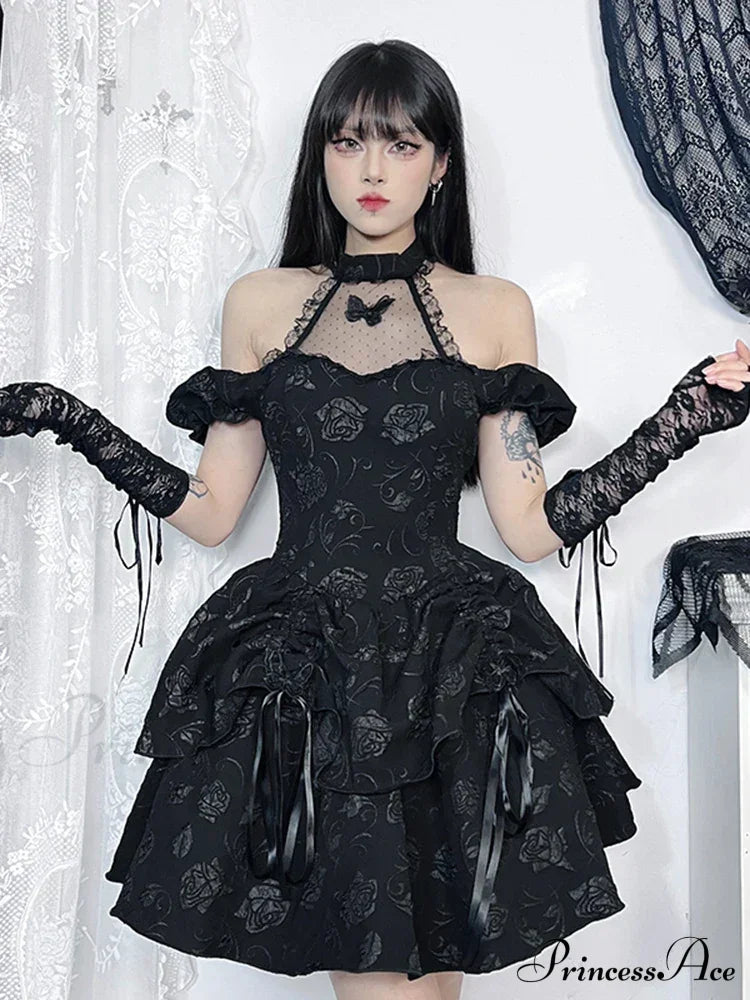 Sleeveless Halter Neck Bow Vintage Backless Cold Shoulder Print Lace Up A-Line Swing Dress