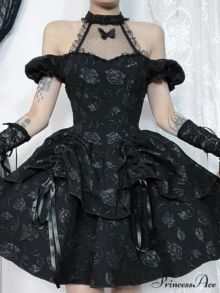 Sleeveless Halter Neck Bow Vintage Backless Cold Shoulder Print Lace Up A-Line Swing Dress