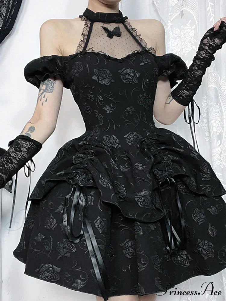 Sleeveless Halter Neck Bow Vintage Backless Cold Shoulder Print Lace Up A-Line Swing Dress