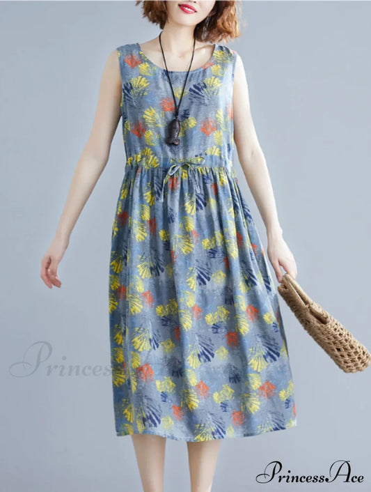 Sleeveless Lemon Print Maxi Dress with Drawstring