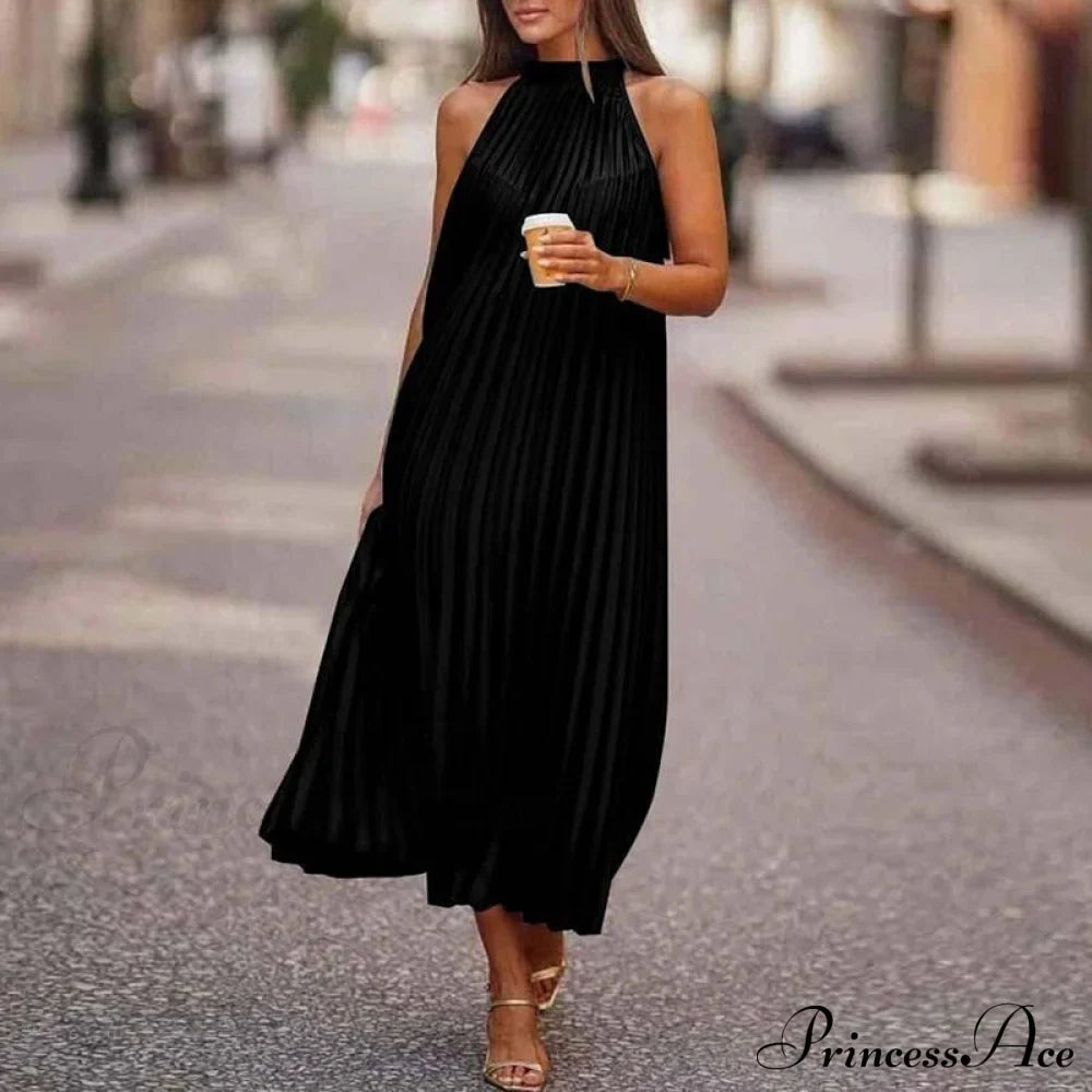 Sleeveless Party Spring/Summer Lady Dresses Fashion Elegant Casual Bohemian Loose Coastal Folded O Neck Women Gown Long Dresses