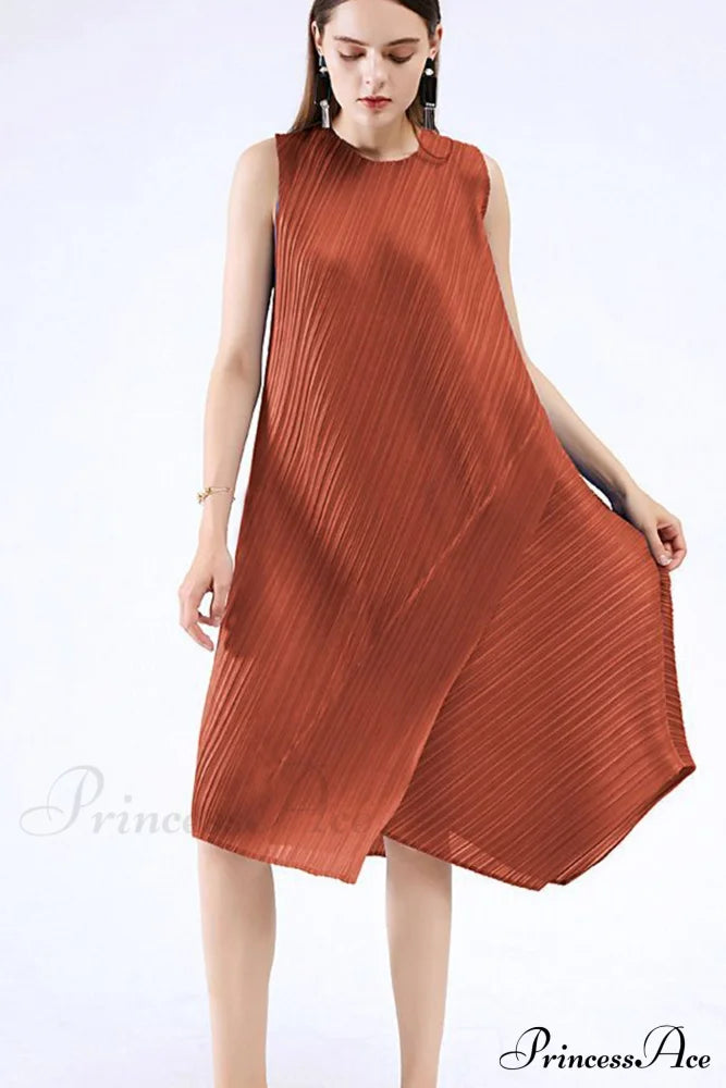 Sleeveless Pleated Midi Dress with Irregular Hem