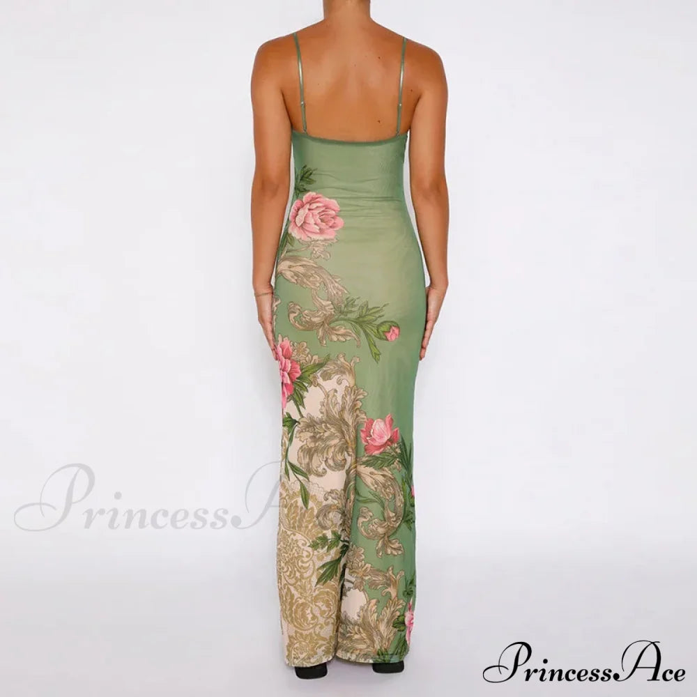 Sleeveless Print Fashion Vneck SlimLong Summer Beach Party Club Robe Floral Dress