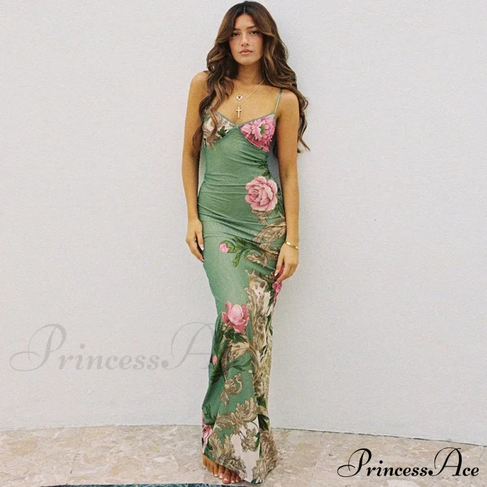 Sleeveless Print Fashion Vneck SlimLong Summer Beach Party Club Robe Floral Dress