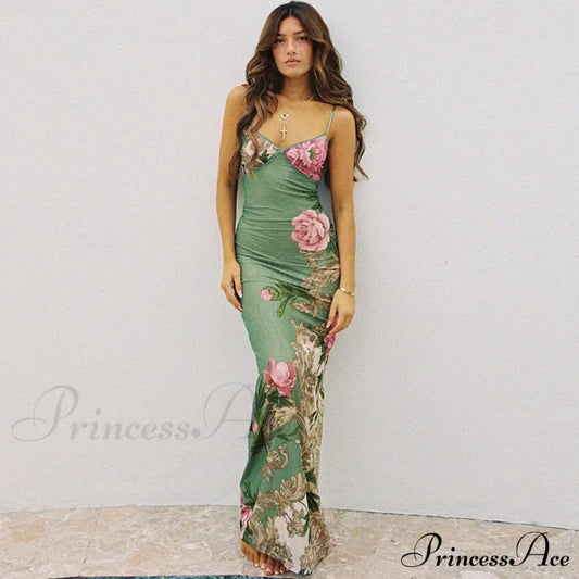 Sleeveless Print Fashion Vneck SlimLong Summer Beach Party Club Robe Floral Dress