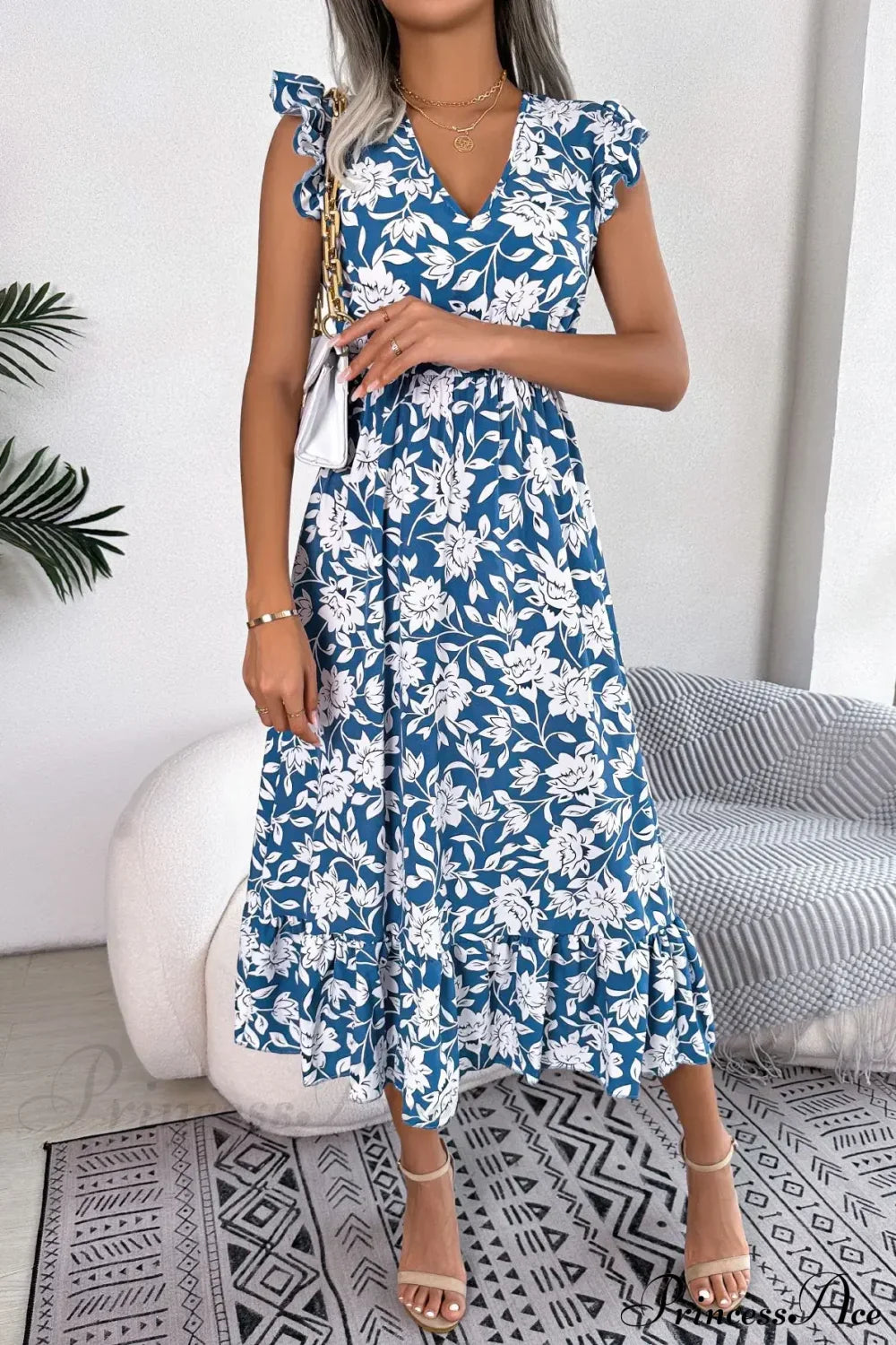 Sleeveless V Neck Summer A Line Midi Dress Boho Dress
