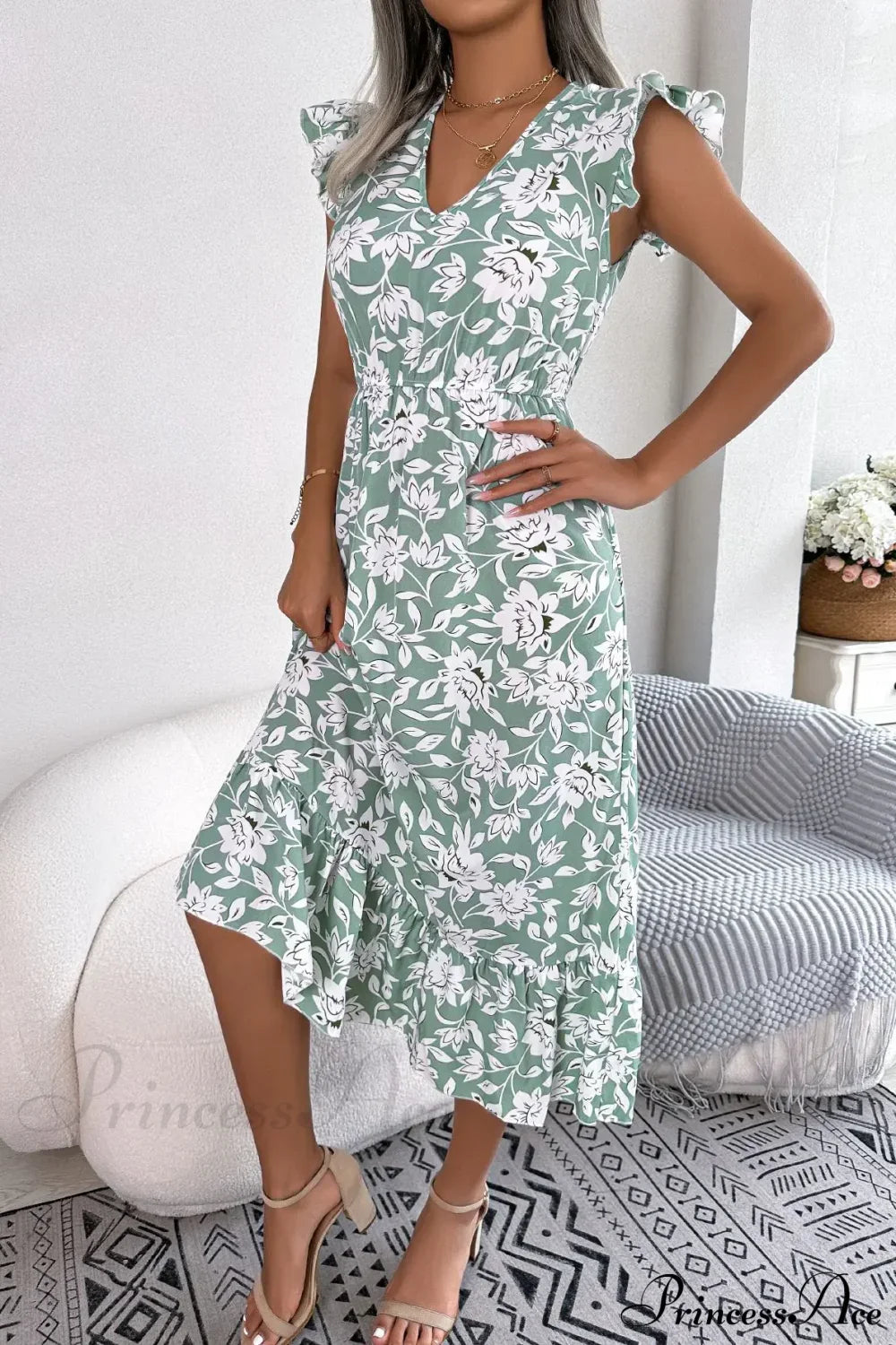 Sleeveless V Neck Summer A Line Midi Dress Boho Dress