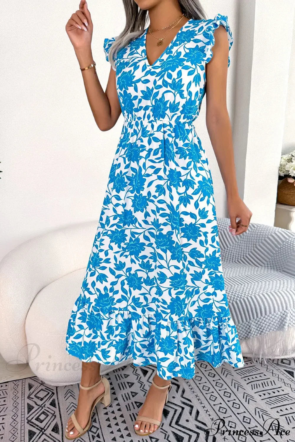 Sleeveless V Neck Summer A Line Midi Dress Boho Dress