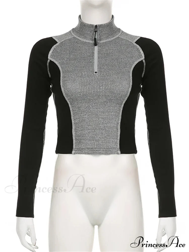 Slim Fit Contrast Color High Neck  Long Sleeve Knit Top