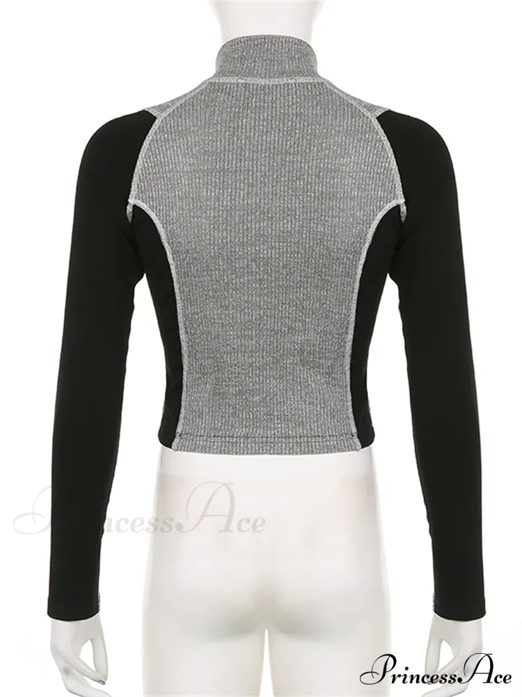 Slim Fit Contrast Color High Neck  Long Sleeve Knit Top