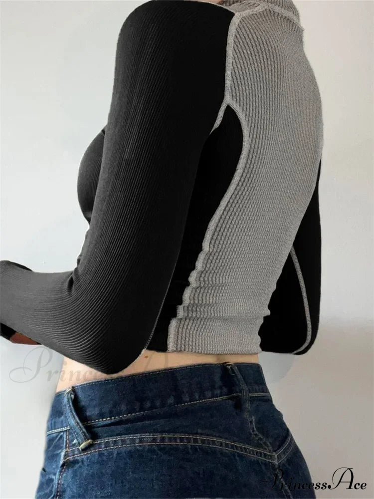 Slim Fit Contrast Color High Neck  Long Sleeve Knit Top