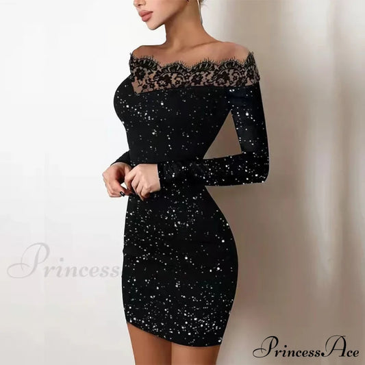 Slim-Fit Gown Silk Mini Off Hip Lace Shoulder Black Bag Party Bright Dress