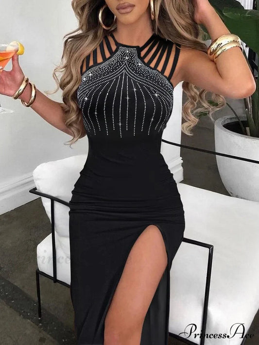 Slim Hot Rhinestone Sleeveless Ladies High Slit Bodycon Sexy Dress