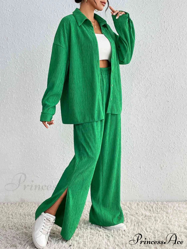 Slit Blouse and Pants Collared Set