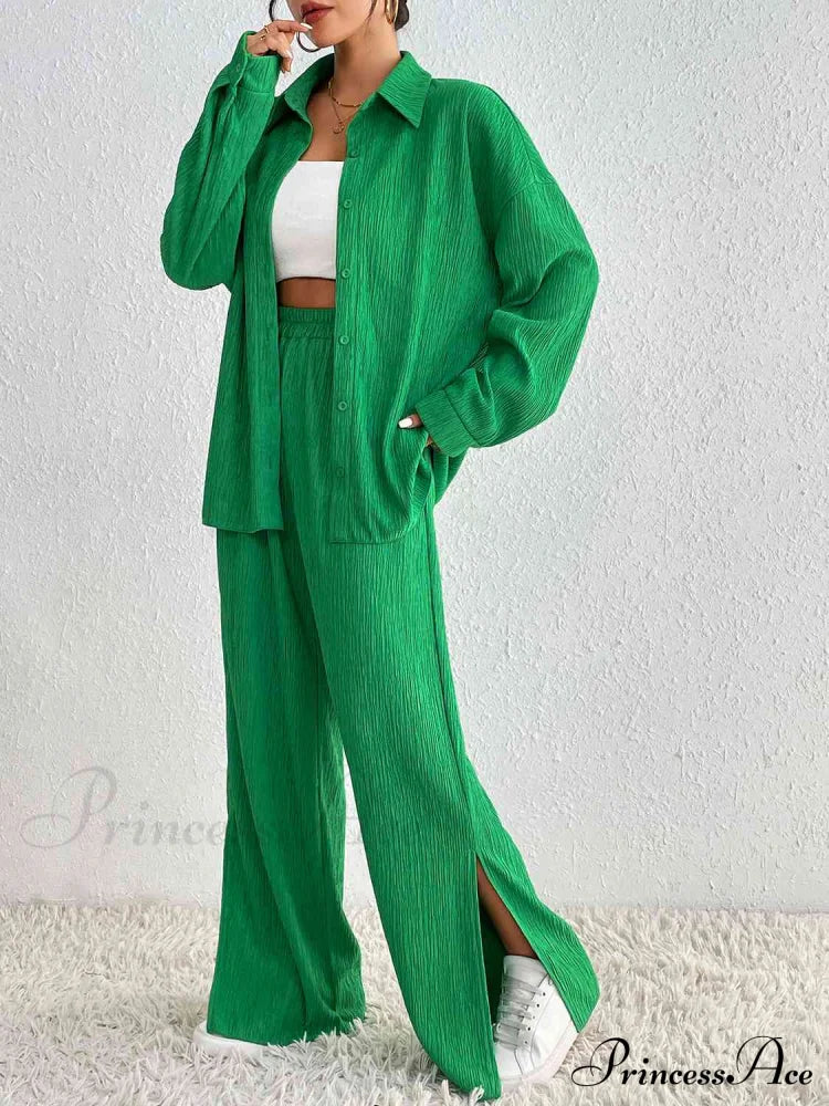 Slit Blouse and Pants Collared Set