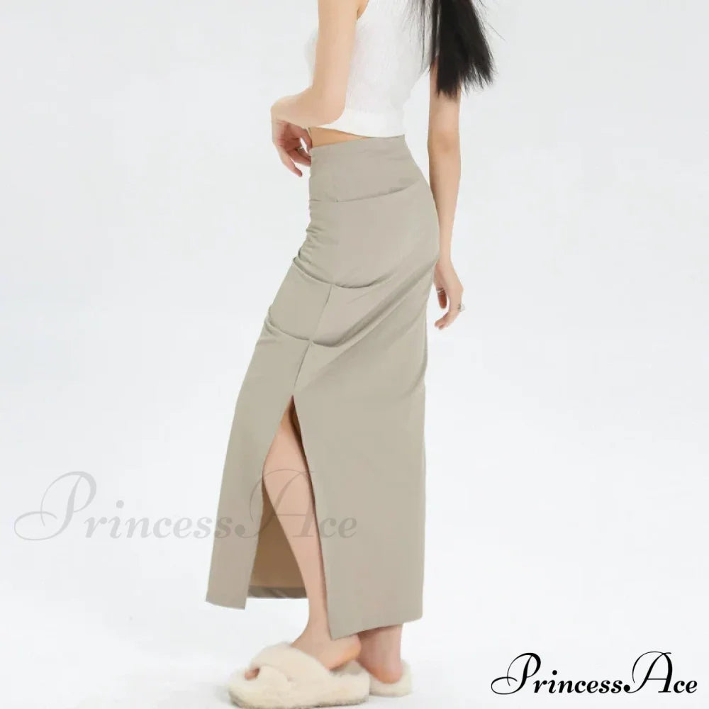 Slit Pleated Solid Long Skirt Vintage Korean Casual Skirt