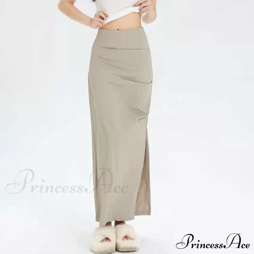 Slit Pleated Solid Long Skirt Vintage Korean Casual Skirt