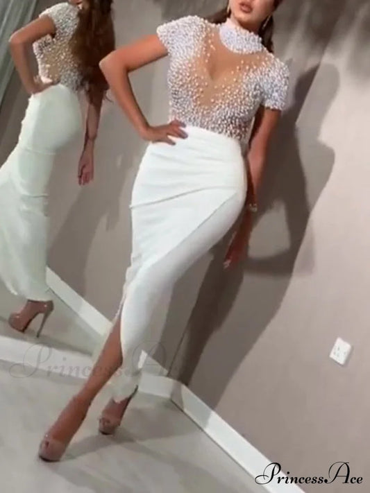 Slit Beaded Tulle Maxi Dress