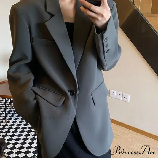 Solid Color Commuting Korean Autumn Spring Oversize Loose Button Blazer