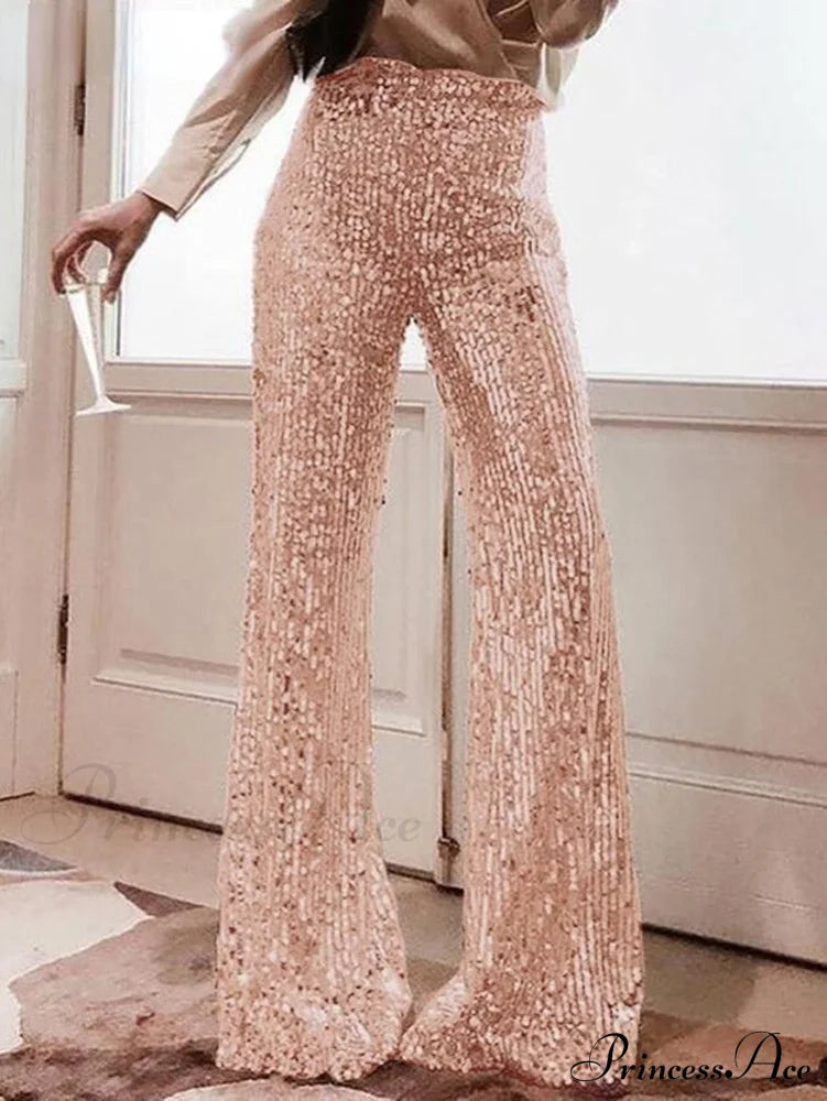 Solid Color High Waist Sequins Decor Bell Bottomed Pants
