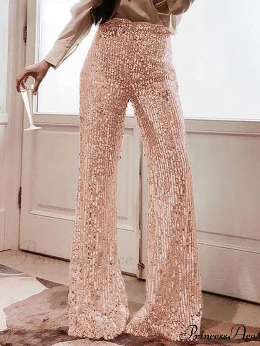 Solid Color High Waist Sequins Decor Bell Bottomed Pants