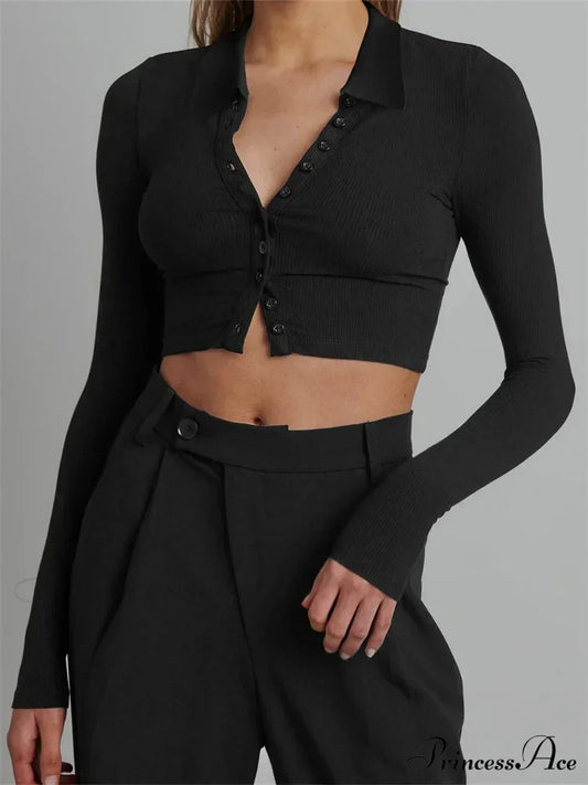 Solid Color Long Sleeve Basic Cropped Ribbed T-shirts