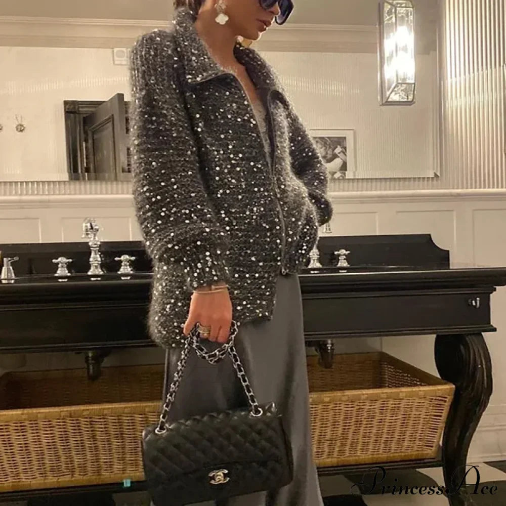 Solid Color Sequin Turtleneck Cardigan