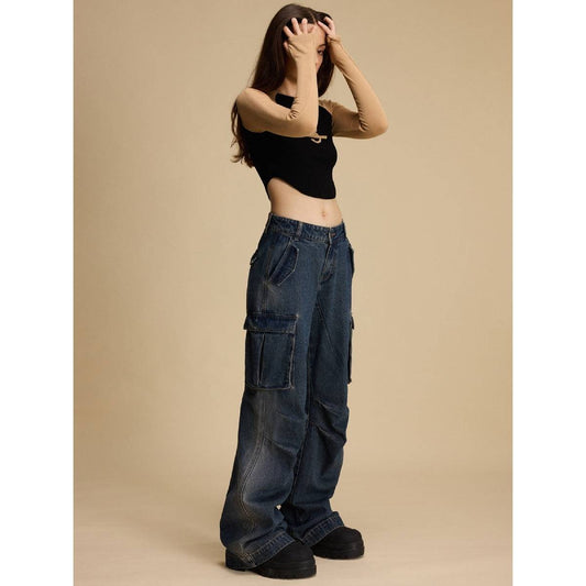 Vintage Blue Wide-Leg Cargo Denim Jeans