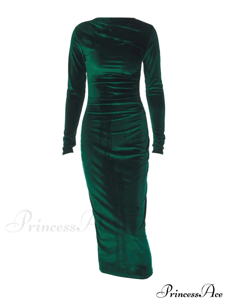 Velvet Long Sleeve Midi Dress - Elegant Party Clothes for Christmas Party