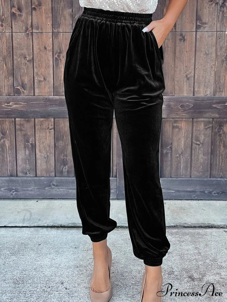 Velvet Velour Casual Green Loose Elastic Pants