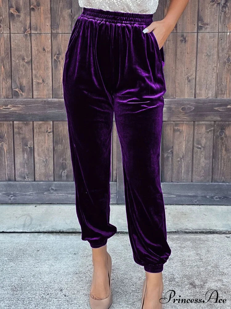 Velvet Velour Casual Green Loose Elastic Pants