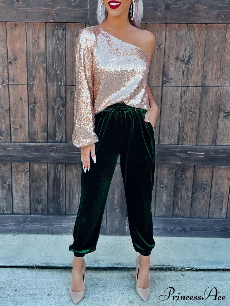 Velvet Velour Casual Green Loose Elastic Pants