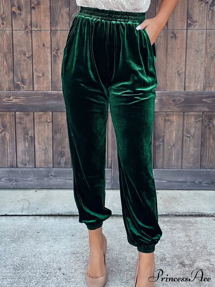 Velvet Velour Casual Green Loose Elastic Pants