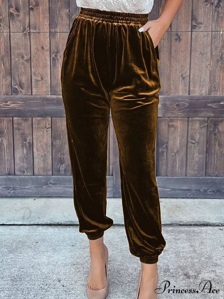 Velvet Velour Casual Green Loose Elastic Pants